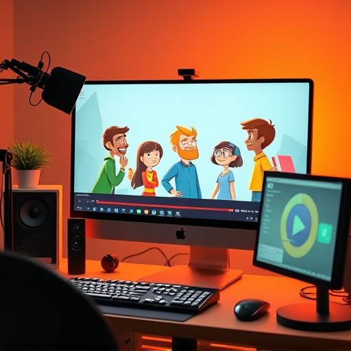 A computer screen displaying animated characters and motion graphics during the creation of an explainer video at Emberglow Studios.