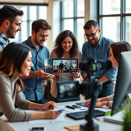A diverse marketing team reviewing footage from a recent product demonstration video shoot in a collaborative workspace.