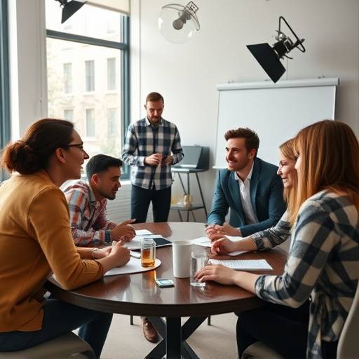 A diverse team collaboratively brainstorming and developing a video script in a creative meeting room at Emberglow Studios.