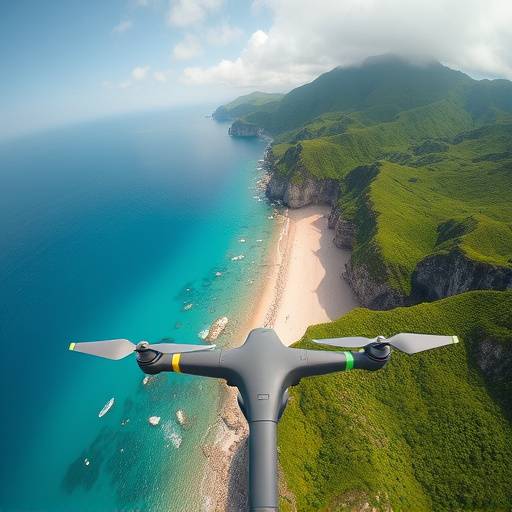 A drone in flight capturing breathtaking aerial video footage of a serene coastline with clear blue waters and lush green cliffs.