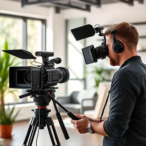 A friendly video producer providing a personalized video marketing consultation in a modern office environment.