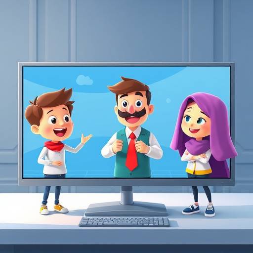 Animated characters on a computer screen, part of an explainer video for a tech company.