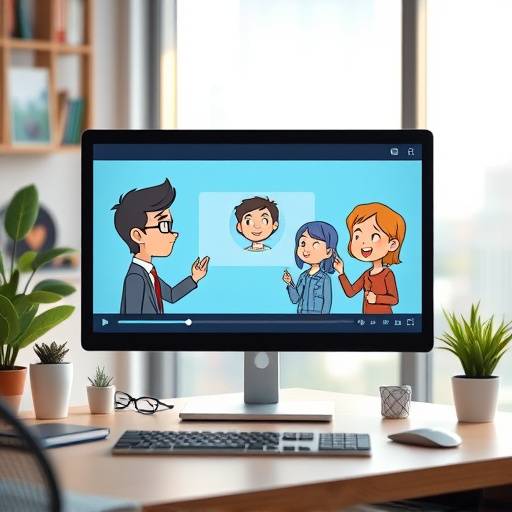 Computer screen displaying animated characters during the production of an explainer video.