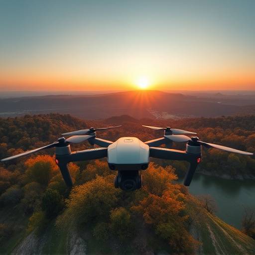 Drone in flight capturing aerial video footage of a scenic landscape.