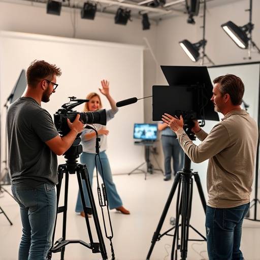 Dynamic marketing video production scene with a diverse team filming a product demonstration.