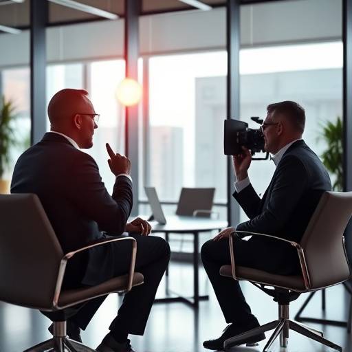Professional interview setting with a CEO in a modern office building, part of a corporate communication video.