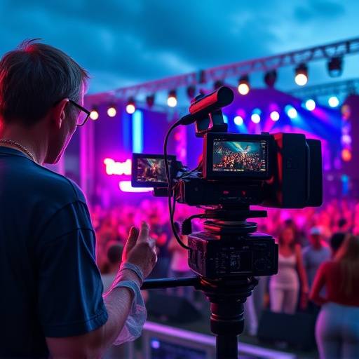 Professional videographer capturing a live music performance at an outdoor music festival with dynamic lighting and stage presence.