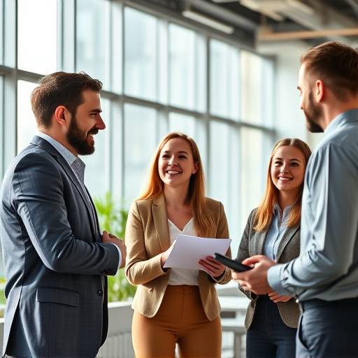 Screenshot from a corporate training video showcasing employees collaborating in a modern office.