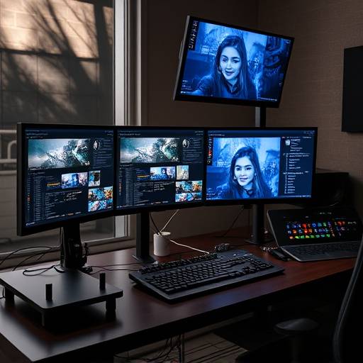Video editor meticulously working on a computer workstation with multiple monitors displaying professional video editing software at Emberglow Studios.